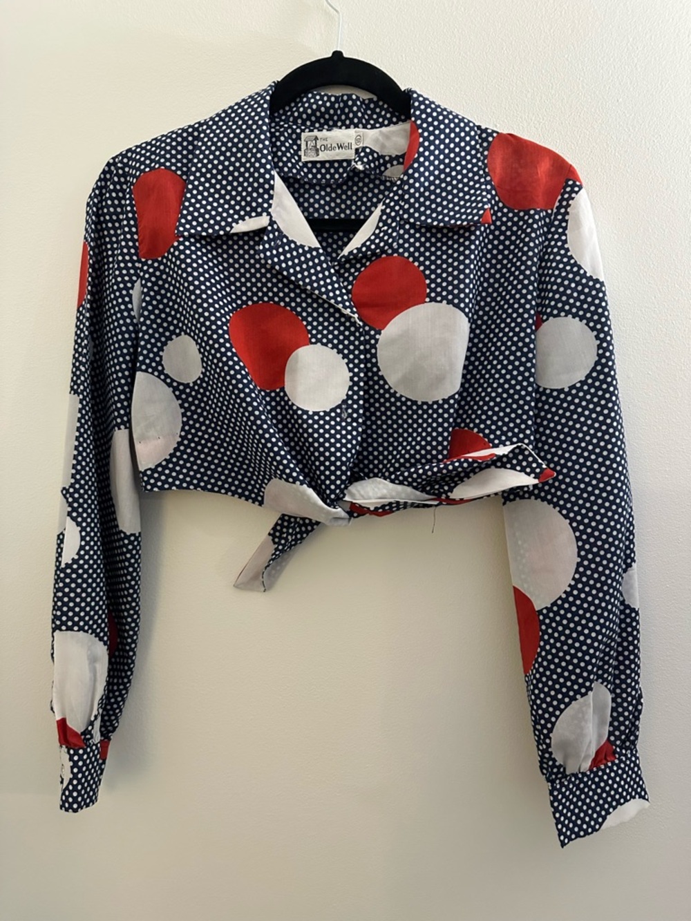 Vintage The Olde Well Polka Dot Tie Front Crop Blouse - Navy Red White - Size 10